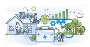 Güneş pili deposu, şarj edilebilir ev biriktirici konsept. Sürdürülebilir ve yenilenebilir kaynak vektör illüstrasyonuyla elektrik enerjisi şarj ediliyor. Yeşil ve sürdürülebilir enerji kullanımı.