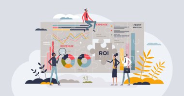 Finans analizi ve şirketin para geliri küçük insan kavramını bildiriyor. İş optimizasyon vektör illüstrasyonu için gider, kâr marjı ve ROI hesaplamaları. Profesyonel analitik ve istatistik