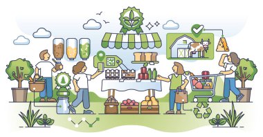 Organik alışveriş yapmak ve yeşil, ham ve ekolojik market taslağı almak. Sıfır atık depolama vektör ilüstrasyonundaki yerel tedarikçilerden ve çiftçilerden taze yiyecek. Sağlıklı beslenme alışkanlıkları olan bir çevre toplumu