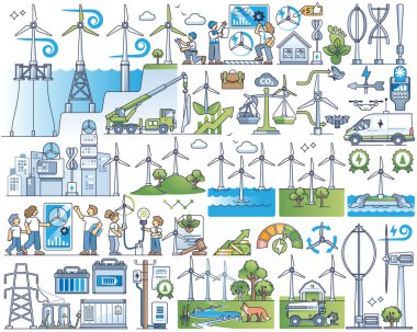 Rüzgar enerjisi yeşil, sürdürülebilir elektrik üretim ana hatları koleksiyonu. Eko altyapısı, modern kıyı istasyonları ve çevresel enerji mühendisliği illüstrasyonuyla belirlenen elementler.
