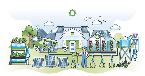 Agricultura Sostenible Con Electricidad Panel Solar Concepto Contorno Automatización Del — Vector de stock