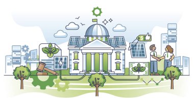 Güneş ekonomisi ve hükümetin yeşil enerji geliştirme destek konsepti. Güneş paneli elektrik finansmanı ve özel sektör vektör illüstrasyonuna yardımcı olmak. CO2 'yi azaltmak için maddi yardım.