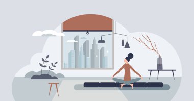 Basit ve temiz tasarımı olan bir evde yaşayan minimalist küçük insan konsepti. Modern ve modaya uygun daire illüstrasyonunda sakin yaşam tarzı, huzurlu farkındalık pratiği, yoga ve meditasyon.