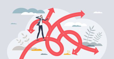 Seçim yorgunluğu, bir çok seçenek için hayal kırıklığı yaratıyor, minik insan konsepti. Zor seçim ve karmaşık karar verme vektör çizimi. Muhtemel şüphe ve işletme yönetimi konusunda karışıklık.