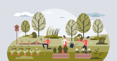 Zehirli olmayan bahçıvanlık ve ekolojik yeşil gıda çiftçiliği küçük insan kavramı. Bitki sağlığı koruma vektörü illüstrasyonunda organik böcek ilaçlarıyla sürdürülebilir ve doğa dostu tarım.