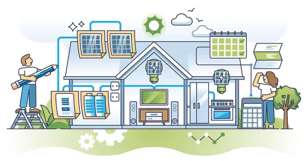 Planificación Residencial Casa Solar Sistema Eléctrico Con Paneles Solares Concepto — Vector de stock