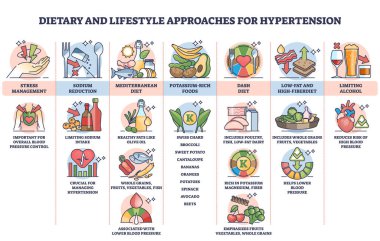 Hipertansiyon tedavi şeması için beslenme yaşam tarzı yaklaşımları. Gıda ürünleri vektör illüstrasyonundan kaçınmak ve tavsiye etmek için günlük alışkanlıklarla etiketlenmiş eğitim şeması. Kalp ve damar sağlığı