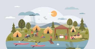 Toplum hizmetleri kalabalığı geri çekiyor ve küçük insan konseptini iyileştirmek için destek kampı kuruyorlar. Etkin yaşam tarzı ve iletişim vektörü illüstrasyonu ile hastalıkların iyileşmesi için sosyal kapsama ve etkileşim.