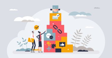 İş dünyasındaki küçük insan kavramında etkili iletişimin yapı taşları. Profesyonel pazarlama stratejisi ve hedef müşterilerle iş verimliliği vektör illüstrasyonu için şirket etkileşimi