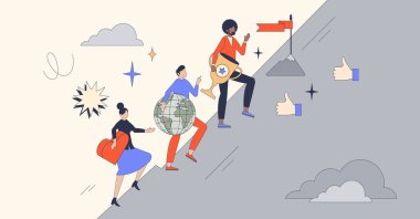 Z jenerasyonu için yaşam tutkuları, ilişki ve iş dengesi küçük insan konsepti. Mutluluk hedefleri ve kariyer hedefleri çizimi ile yaşam uyumu. Aşk, seyahat ya da iş arasında seçim yapmak