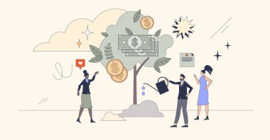 Büyüme ve finansal para ağacı olarak başarı küçücük insan konsepti. Güçlü ve etkili liderlik çizimi ile istikrarlı bir iş geliştirme. Başarılı satışlardan sonra takım geliri.