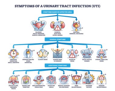 Symptoms of urinary tract infection or UTI bladder disease outline diagram. Labeled educational scheme with affected area, general and additional symptomatic for urology problem vector illustration. clipart