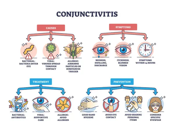 Conjonctivite Causes Des Yeux Roses Symptômes Schéma Prévention Traitement Schéma — Image vectorielle