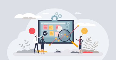 Etkili değişim yönetimi için araçlar ve teknikler minik insan konsepti. Şirket büyümesi ve gelişim vektörü çizimi için iş dönüşümü ve optimizasyonu. Performans iyileştirmesi.