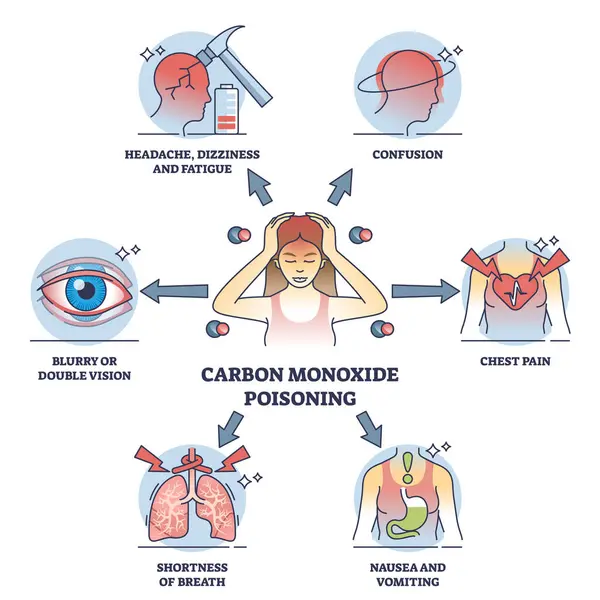 Les Symptômes Intoxication Monoxyde Carbone Avec Des Problèmes Santé Toxiques — Image vectorielle
