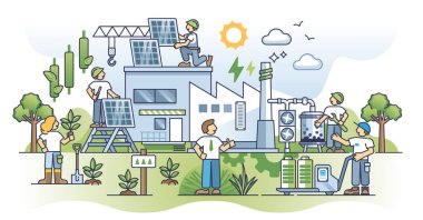 Endüstriyel dekarbonizasyon ve yeşil enerji dönüşümü ana hatları. Sürdürülebilir ve doğa dostu güç kaynağı illüstrasyonu olan bir fabrika. Üretim için yenilenebilir kaynak kullanımı.