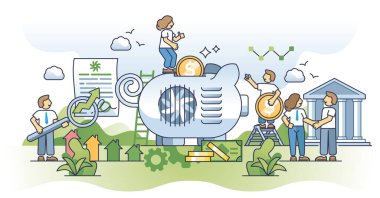 HVAC finansmanı ve verimli ısıtma birimi ana hatları için para toplamak. Havalandırma ya da havalandırma sistemi bankadan ya da hükümet vektör illüstrasyonundan maddi destek. Etkili ısı maliyeti.