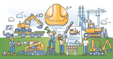 İnşaat malzemeleri kiralama servisi ve ağır makine taslak konsepti. Ev yapımı ve buldozer taşıma vektör çizimi için profesyonel mekanik endüstriyel araçlar. Müteahhit takımı