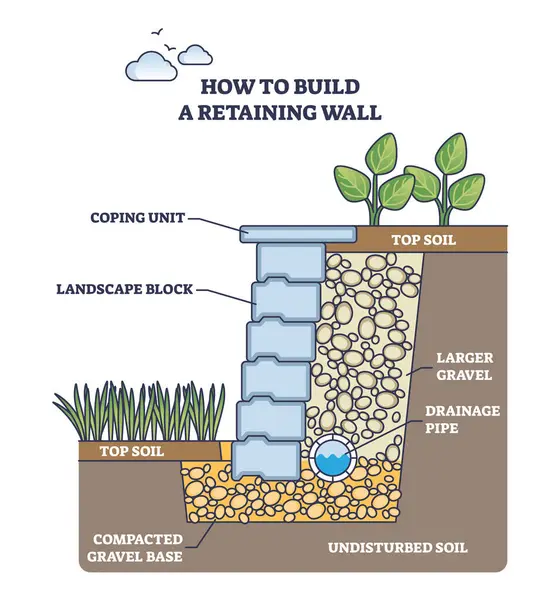 How Build Retaining Wall Strong Soil Reinforcement Outline Diagram Labeled — Stock Vector