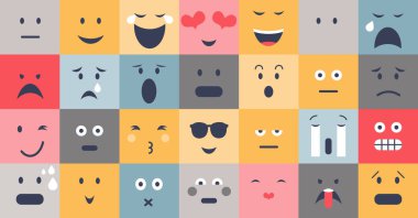 Çeşitli yüz ifadeleri koleksiyonu olan duygusal düzenleme örnekleri. Psikolojik zihniyetleri olan farklı duygular ve ruh halleri. Mutlu, üzgün, kızgın ve heyecanlı yüzler renkli bir koleksiyonda.