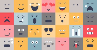Emotional regulation examples with various facial expression collection. Different feelings and moods with psychological mindsets. Happy, sad, angry and excited faces in colorful collection. clipart