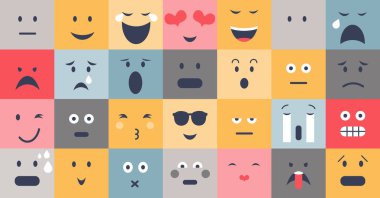 Emotional regulation examples with various facial expression collection. Different feelings and moods with psychological mindsets. Happy, sad, angry and excited faces in colorful collection. clipart