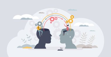 Düşünceleri anlamak için empati yeteneği olarak sosyal biliş minik insan konsepti. İnsanları etkileşimde bulunma ya da vektör illüstrasyonunu bağlama yeteneği. Algı, işlem, yorum ve tepki.