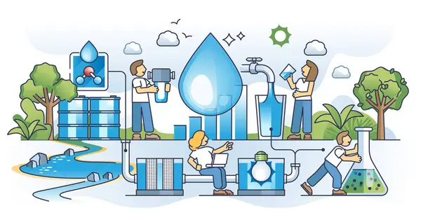 Wasseraufbereitungsanlagen Und Abwasserfiltrationsprozesse Skizzieren Das Konzept Verschmutzte Kläranlage Mit Chemischer — Stockvektor