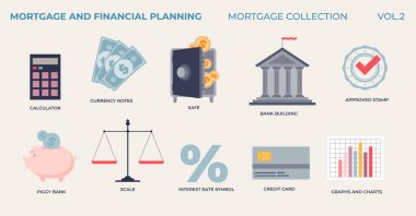 İpotek ve finansal planlama küçük bir tahsilat setiyle gayrimenkul almak için. Banka parası, tasarruf, faiz oranı hesaplaması ile etiketlenmiş unsurlar ve yeni daire veya konut satın alımı için onaylanmış kredi.
