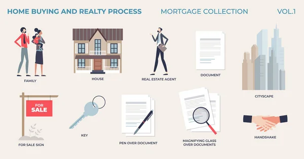Home Buying Realty Process Tiny Person House Mortgage Collection Elements — Stock Vector
