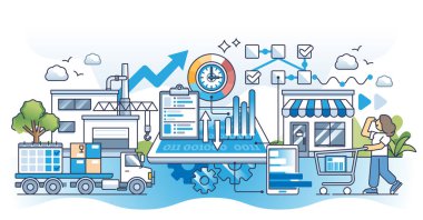 Tedarik zinciri analizleri ve etkili süreç iyileştirme ana hatları kavramı. İş çevikliği veya hızlı ve tam zamanında yönetim sistemi çizimi için akıllı otomasyon. Sipariş teslimi
