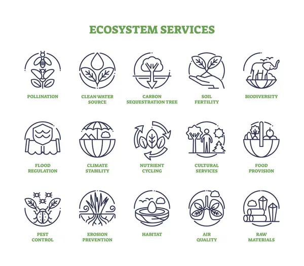 Ekosystemtjänster Som Naturelement För Människors Välbefinnande Skisserar Insamling Ikoner Märkta — Stock vektor