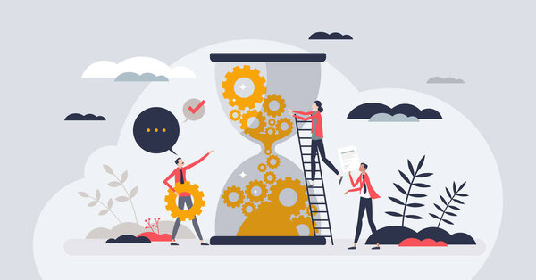 Менять управление и процесс трансформации бизнеса крошечная концепция человека. Эффективная эволюция компании со сложной переходной и командной векторной иллюстрацией. Автоматизация процессов для повышения производительности.