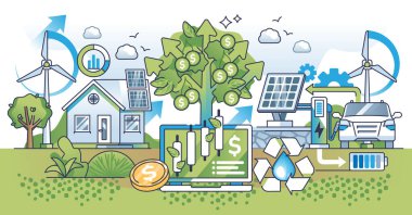 Yeşil iş ve sürdürülebilir alternatif enerji yatırım taslağı kavramı. Çevresel enerji üretimi güneş panelleri ve rüzgar türbinleri vektör illüstrasyonuyla kâr ediyor. Doğa dostu şirket..