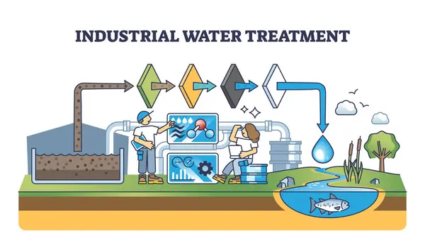 Industrial Water Treatment Polluted Sewage Filtration System Outline Concept Waste — Stock Vector