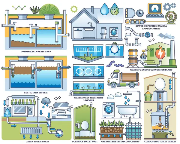 Waste Water Management Ecological Sewage Treatment System Outline Collection Set — Stock Vector