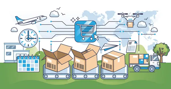 Orderuitvoering Commerce Business Package Handling Outline Concept Effectief Snel Warehouse — Stockvector