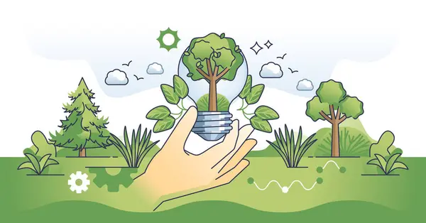 Environmental Awareness Effective Power Consumption Hands Outline Concept Green Energy — Stock Vector