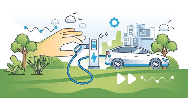Transporte Sustentável Uso Veículos Elétricos Delinear Conceito Mãos Como Alternativa — Vetor de Stock