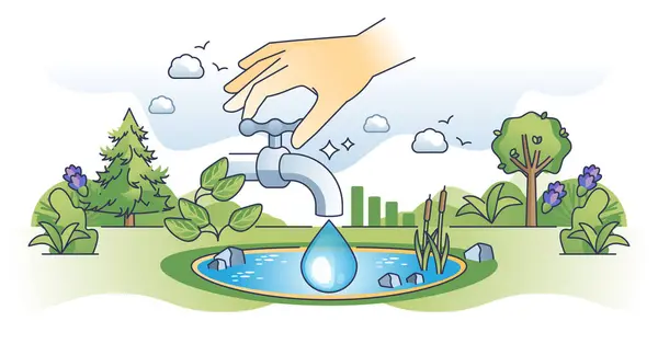 水管理と持続可能な自然資源は 手のコンセプトを概説しています 清潔で飲める純粋な飲料水と責任あるリサイクルベクターイラスト 湖貯水池での浄化 — ストックベクタ