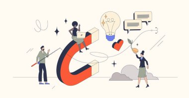 Yeni müşteriler için yaklaşan pazarlama stratejisi. Neugaddarlık, küçük insan konsepti. Etkili ve yaratıcı iletişim ya da ilginç iş içeriği yayınlama vektörü illüstrasyonuna sahip müşterileri cezp et