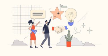 Başarı için akıl hocalığı ve kariyer koçluğu. Neubrutalism küçük insan konsepti. Motivasyon desteği ve teşvik amaçlı danışman veya öğretmen vektör illüstrasyonuna yardımcı olur. Başarılar için profesyonel tavsiye.