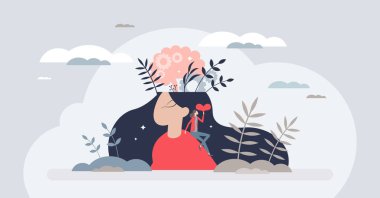 Kendine güvenen ve kendini seven küçük bir kadın. İç uyum vektörü illüstrasyonu için zihinsel bakım farkındalığı. Psikolojik özsaygı, bireysellik ve kişilik özellikleri..