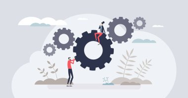 İş gücü optimizasyonu için iş akışı otomasyon araçları küçük insan konsepti. Verimlilik ve verimlilik otomatik süreç sistem vektör illüstrasyonuyla gelişir. Etkili iş yönetimi.
