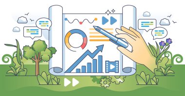 Sunum becerileri ve bilgi paylaşma ve açıklama yetenekleri el konseptini özetliyor. İzleyici vektörü illüstrasyonu için iş verileri sunumu ile etkili ve profesyonel topluluk konuşması.