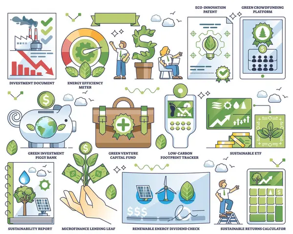 Sürdürülebilir yatırım ve ekolojik yeşil iş ana hatları koleksiyonu seti. Yenilenebilir enerji kârı, çevre yatırımları ve ESG şirketleri vektör illüstrasyonu uygulamalarına sahip etiketlenmiş unsurlar.