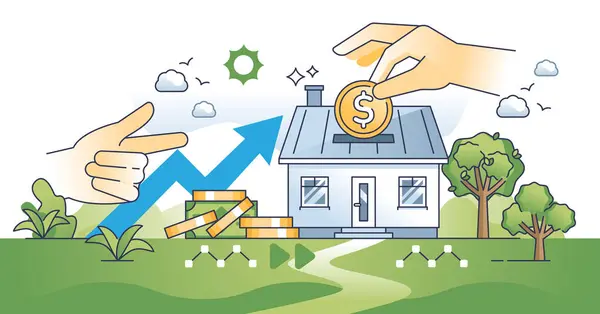 Immobilieninvestitionen Und Investitionen Den Wohnungsmarkt Umreißen Das Konzept Hauskredit Oder lizenzfreie Stockvektoren