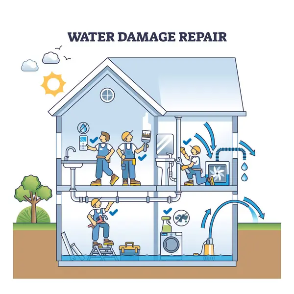 Wasserschaden Reparatur Service Für Leckage Folgen Skizzieren Diagramm Klempner Team Vektorgrafiken