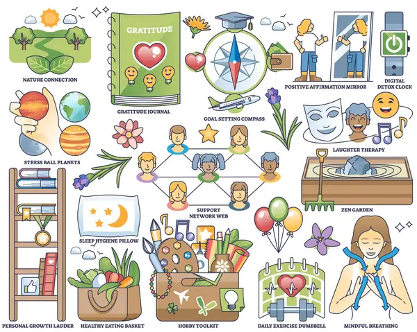Psykisk Hälsa Och Andlighet För Mindfulness Vård Skissera Samling Set Royaltyfria illustrationer