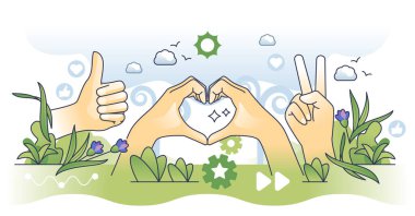 Nonverbal communication with hand gestures outline hands concept. Feelings and emotion expression with signs and signals vector illustration. Information exchange with peace, love and like symbols. clipart